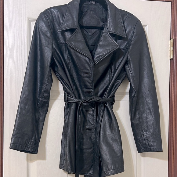 Jacqueline Ferrar Jackets & Blazers - Vintage Jacqueline Ferrar Black Leather Coat with attached belt